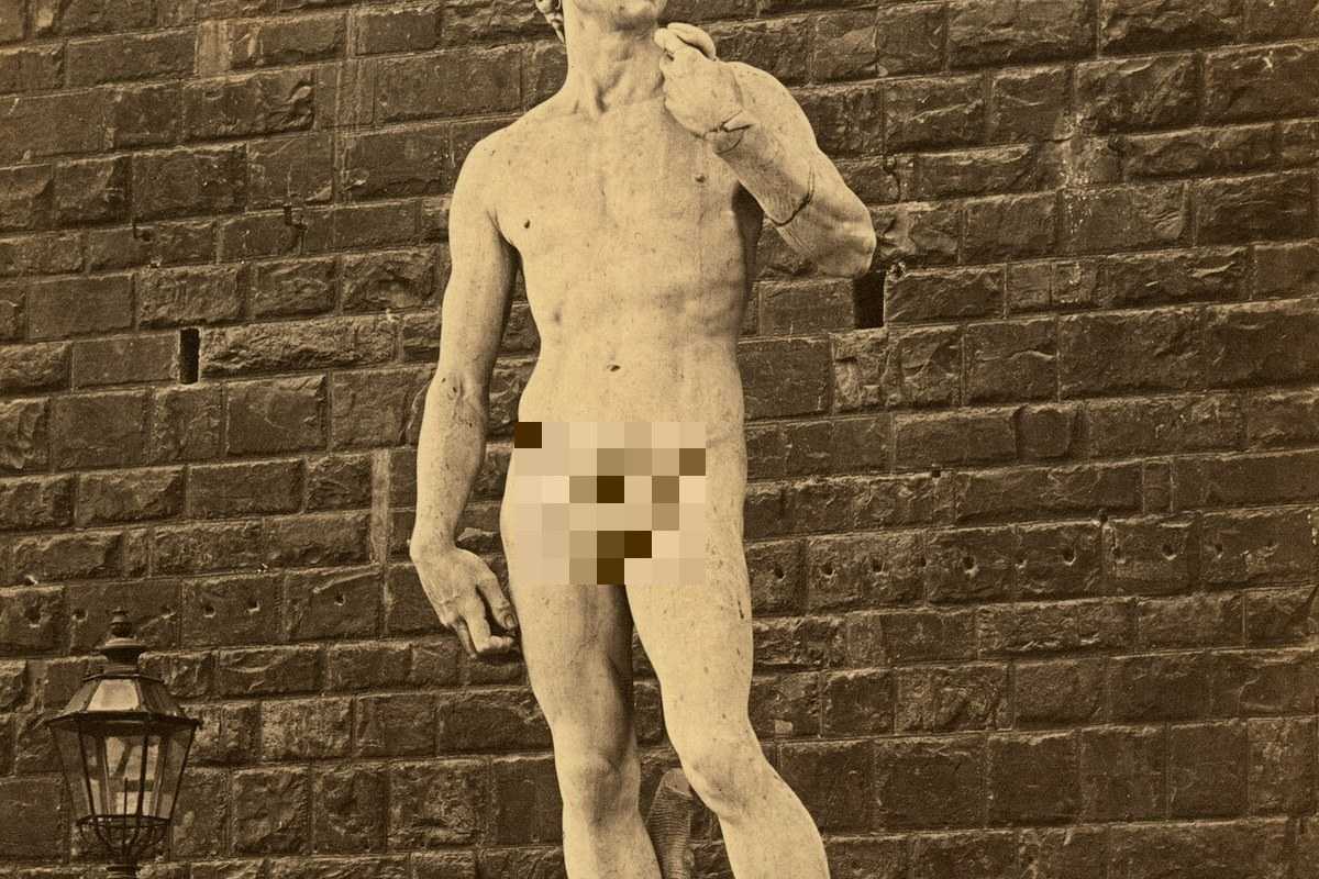 Photo of Michelangelo's David with a pixelated censor region over the groin — Blurify result