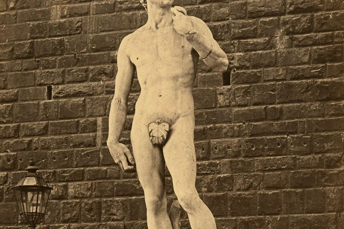 Photo of Michelangelo's David with a pixelated censor region over the groin — original