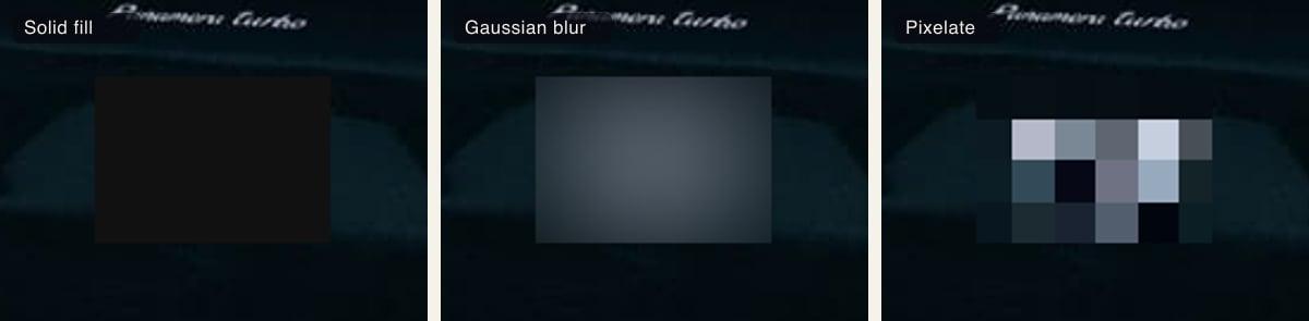 The same license plate crop shown three ways: covered by a solid fill, softened by a gaussian blur, and flattened into pixel blocks